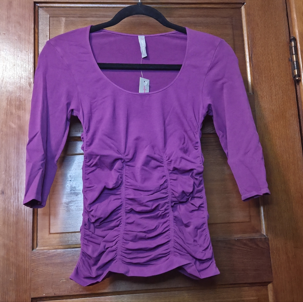 NWT Last Tango Fuscia/Magenta Ruched Scoop Neck 3/4 Sleeve Top Sz S/M